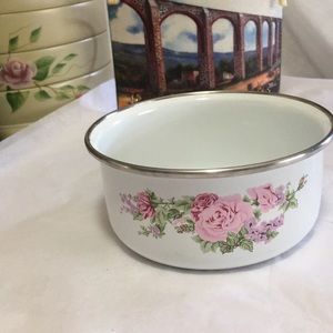 Vintage white enamelware 5” bowl Pink rose floral hydrangea flower fem motif